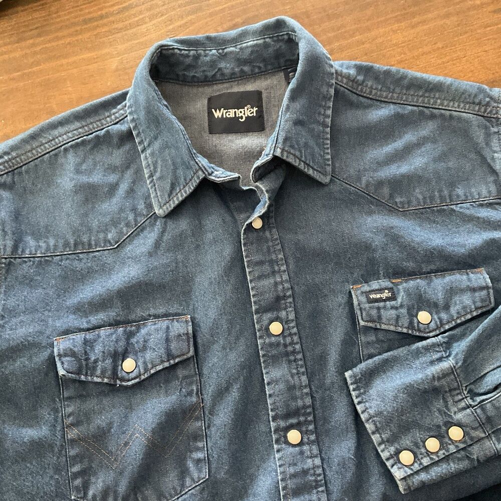 Wrangler Shirt Mens 2XL Blue Denim Western Pearl Snap Long Sleeve Cowboy 18x36